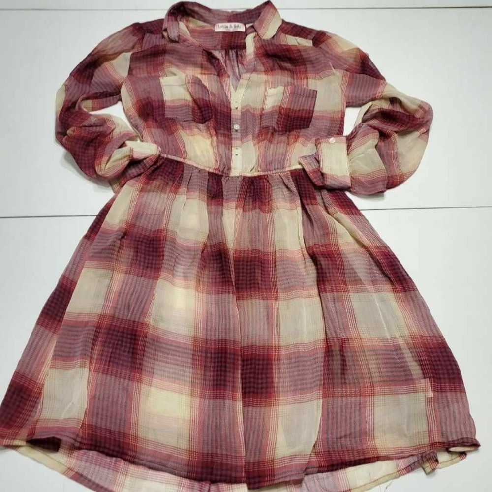 Lottie And Holly Womens Popover Shirt Dress Red Plaid Pockets Long Sleeve S